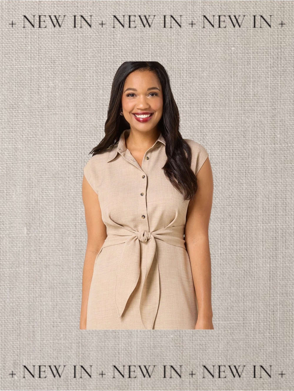 NWT Emma & Michele Beige Tie-Waist Shirt Dress